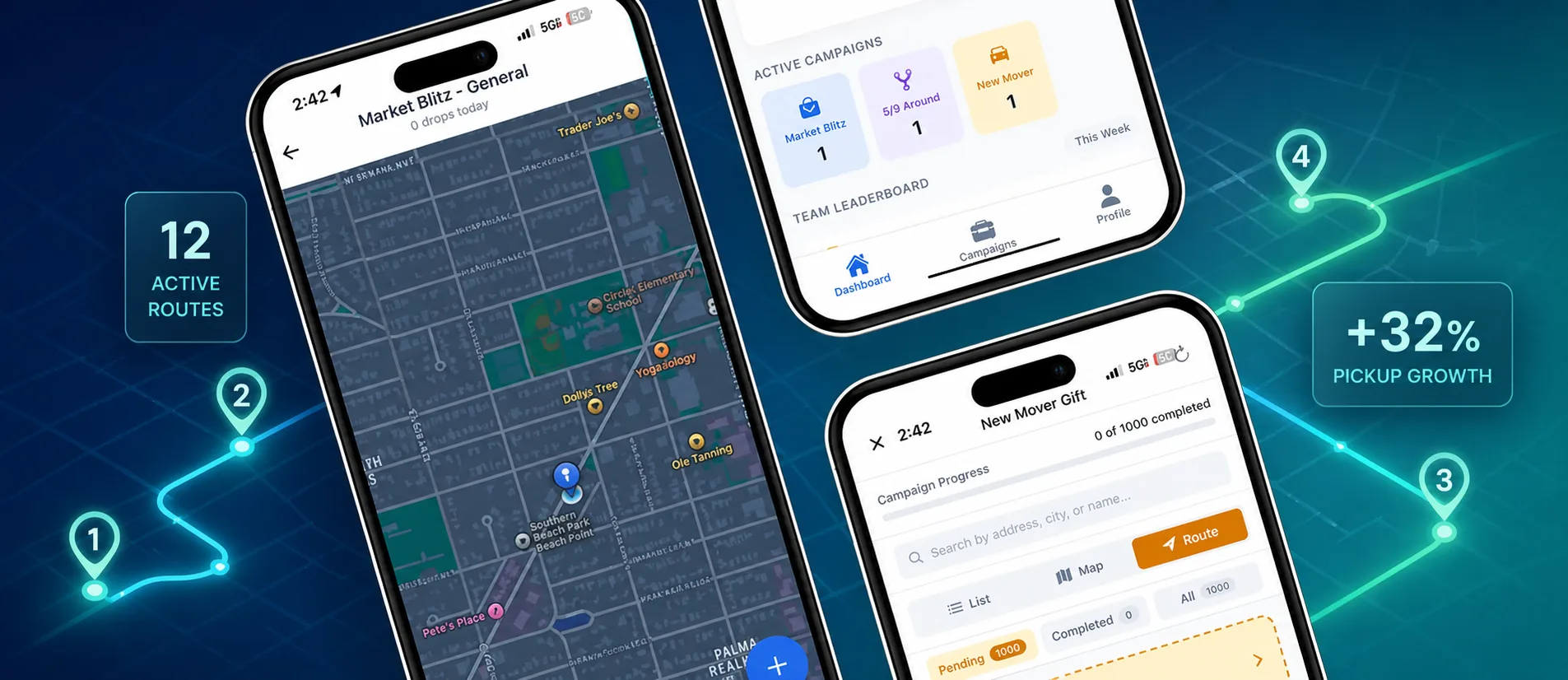RoutesBuilder mobile apps with an illuminated pickup route